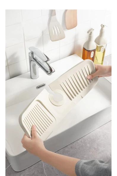 Krem Elastik Musluk Matı Su Tutucu Düzenleyici Kaydırmaz Taban Organizer Mutfak Banyo Lavabo ürün görseli 1