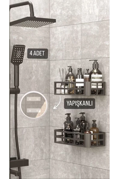 4 Adet Banyo Düzenleyici Şampuanlık Sabunluk Set Yapışkanlı Askılı Duş Rafı Organizer ürün görseli 1
