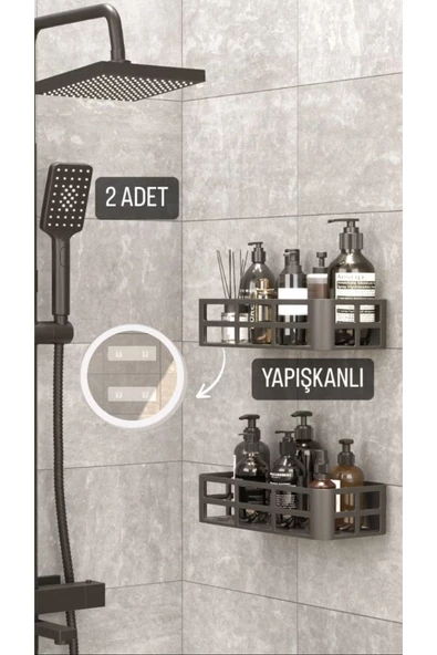 Yapışkanlı Banyo Düzenleyici 2 Adet Banyo Rafı Şampuanlık Sabunluk Siyah Duş Askısı Raf ürün görseli 1