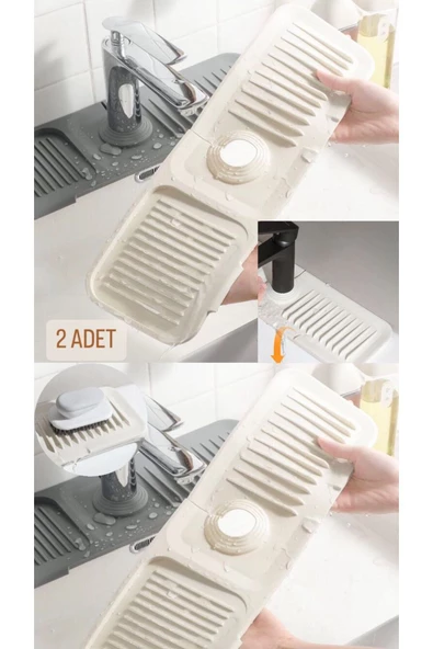 Krem 2 Adet Elastik Musluk Matı Su Tutucu Düzenleyici Kaydırmaz Taban Organizer Mutfak Banyo Lavabo ürün görseli 1