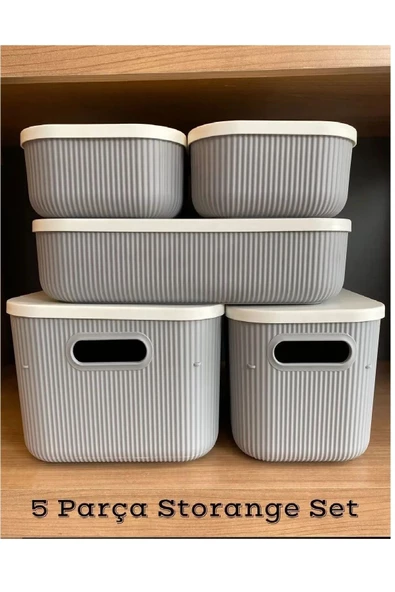 5 Parça Gri Storage Set Kapaklı  Dolap Içi Düzenleyici, Sepet, Çorap, Kıyafet Düzenleyici ürün görseli 1