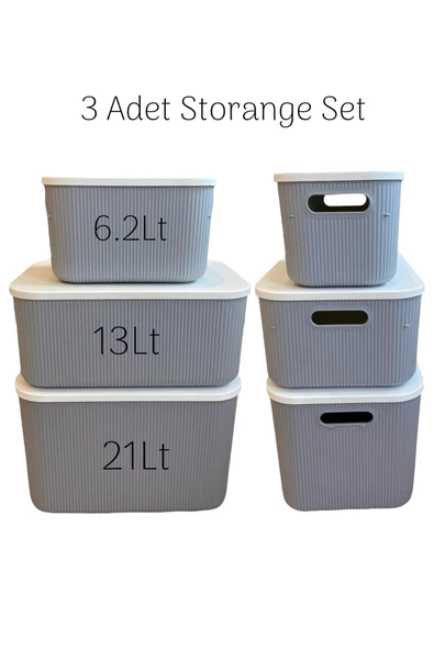 3 Boy Set Gri 6 - 13 - 21 Lt Storage Çok Amaçlı Dolap Içi Düzenleyici Saklama Kutusu ürün görseli 1