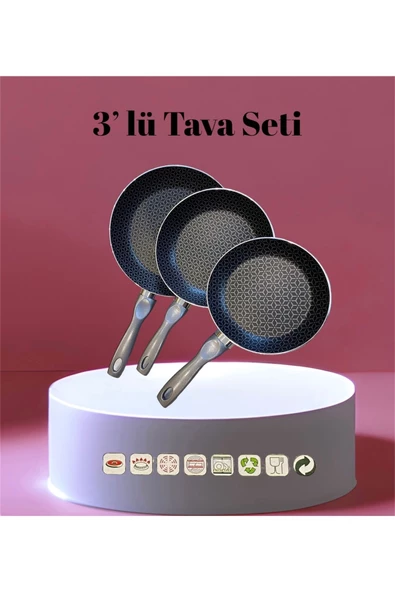 Baye Papil 3 Lü Tava Seti - 3 Boy Tava Granit Kaplama İtaliona Sap ürün görseli 1