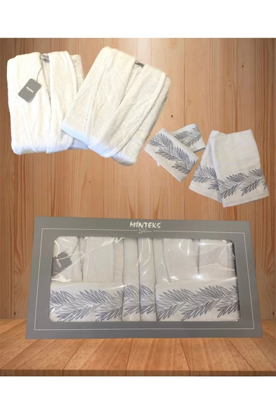 Minteks Silver Pamira Beyaz-Beyaz 6 Parça Havlulu Bornoz Seti - Aile Banyo Havlu Bornoz Seti ürün görseli 1