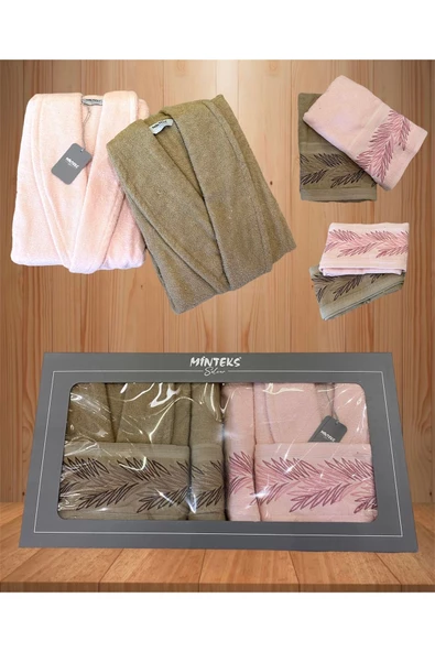 Minteks Silver Pamira Bej-Pembe 6 Parça Havlulu Bornoz Seti - Aile Banyo Havlu Bornoz Seti ürün görseli 1