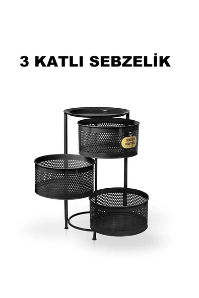 Salda 3 Bölmeli Tekerlekli Metal Sebzelik Siyah - Patates Soğan Saklama Rafı ürün görseli 1