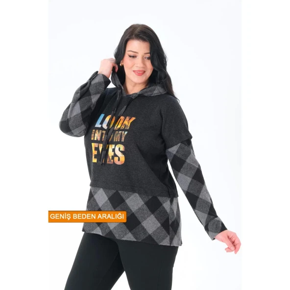 Ekoseli Oversize Kapüşonlu Büyük Beden Dokuma Sweatshirt ürün görseli 1