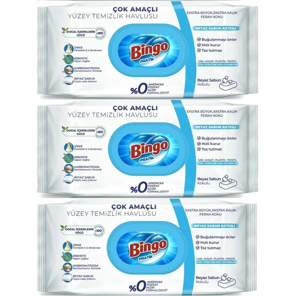 Bingo Clean Yüzey Temizlik Havlusu 96 Yaprak Beyaz Sabun Plastik Kapaklı (3 Lü Set) 288 Yaprak ürün görseli 1