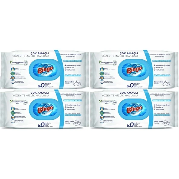 Bingo Clean Yüzey Temizlik Havlusu 96 Yaprak Beyaz Sabun Plastik Kapaklı (4 Lü Set) 384 Yaprak ürün görseli 1