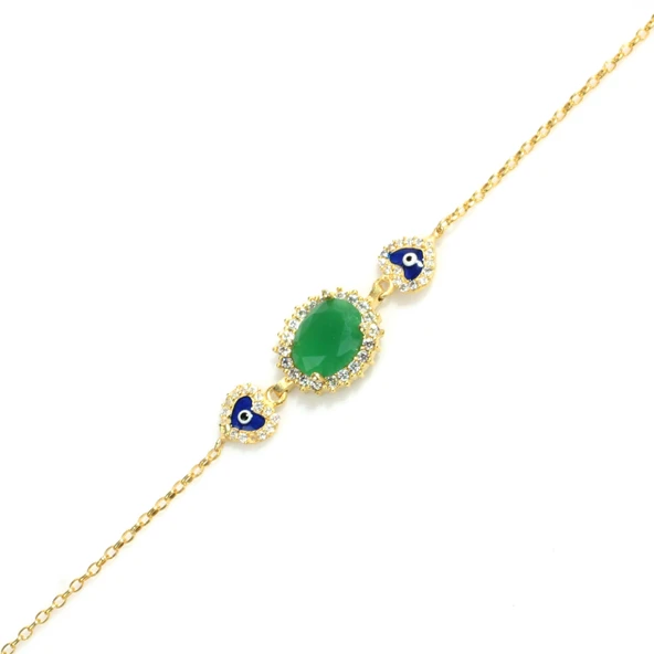 925 Ayar Gümüş Peridot Taşlı & Kalp Nazar Boncuklu Bileklik ürün görseli 1