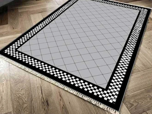 Kaymaz Taban Dijital Baskı Kadife Halı Dama Gri 150x220 Cm ürün görseli 1