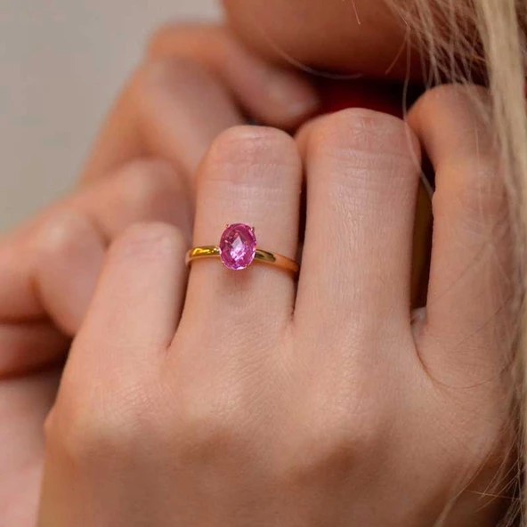 14 Ayar Altın Pembe Taşlı Yüzük ürün görseli 1
