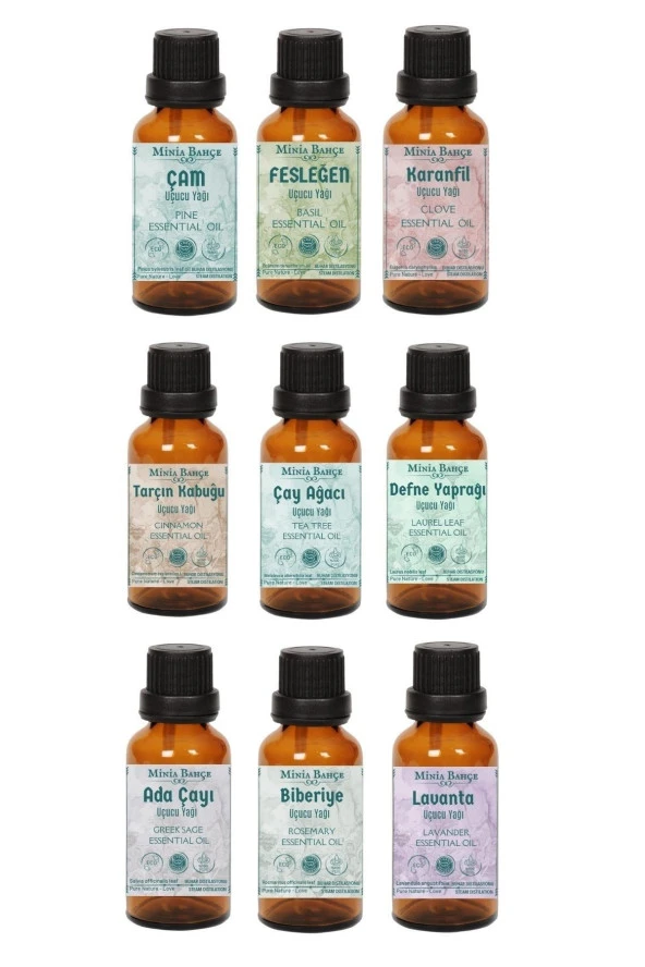 Uçucu Yağ Seti - Çam, Fesleğen, Karanfil, Tarçın, Çay Ağacı, Defne Yaprağı, Adaçayı, Biberiye, Lavanta Yağı | 10 ml x 9 | 90 ml Toplam ürün görseli 1