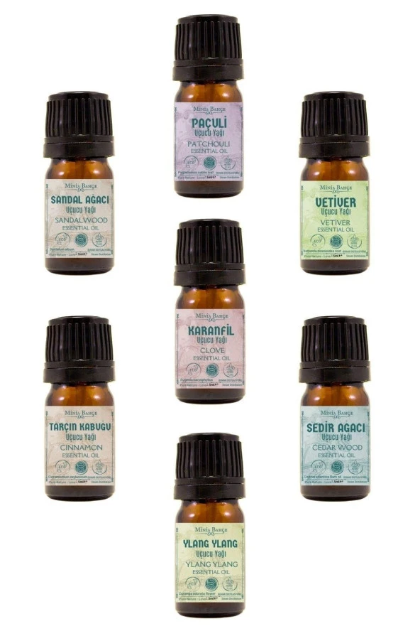 Karanfil, Sandal Ağacı, Vetiver, Paçuli, Tarçın, Ylang Ylang ve Sedir Ağacı Uçucu Yağı Seti - %100 Saf (2,5 ml x 6) ürün görseli 1