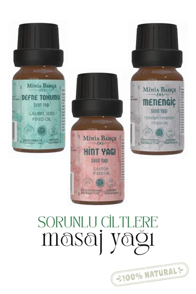 Defne Tohumu Sabit Yağı, Menengiç Sabit Yağı, Hint Sabit Yağı Seti (3 x 20ml, %100 Saf) ürün görseli 1