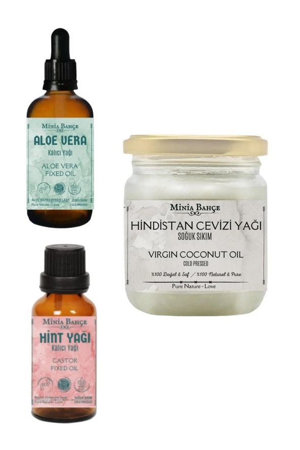 Hindistan Cevizi Yağı 150gr, Aloe Vera Sabit Yağı 30ml, Hint Yağı 20ml | %100 Saf ve Doğal Yağ Seti ürün görseli 1