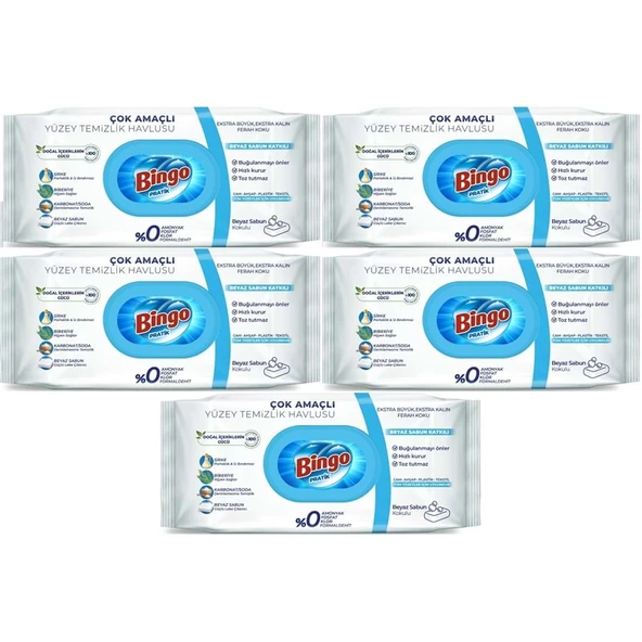 Bingo Clean Yüzey Temizlik Havlusu 96 Yaprak Beyaz Sabun Plastik Kapaklı (5 Li Set) 480 Yaprak ürün görseli 1