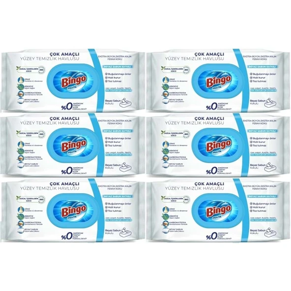 Bingo Clean Yüzey Temizlik Havlusu 96 Yaprak Beyaz Sabun Plastik Kapaklı (6 Lı Set) 576 Yaprak ürün görseli 1