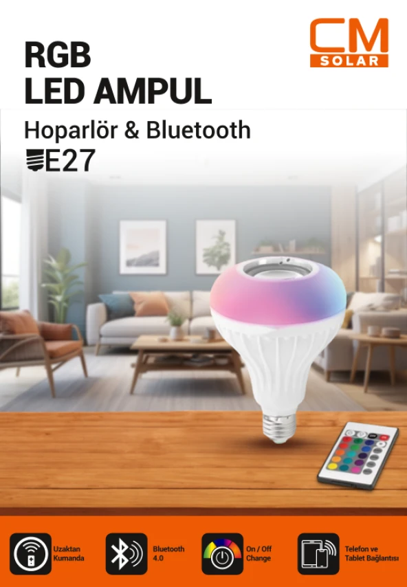 CMSOLAR Hoparlör & Bluetooth RGB Ampul Uzaktan Kumanadalı E27 Duy ürün görseli 1
