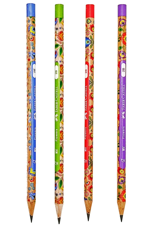 Renkli Flowers Çiçek Desenli Yuvarlak 2B Kurşun Kalem - 4 Adet ürün görseli 1
