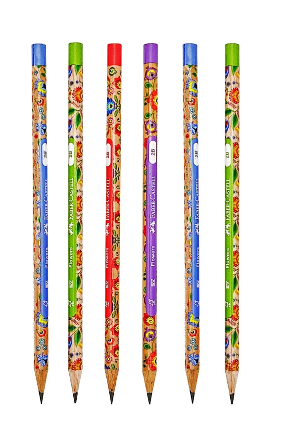 Renkli Flowers Çiçek Desenli Yuvarlak 2B Kurşun Kalem - 6 Adet ürün görseli 1