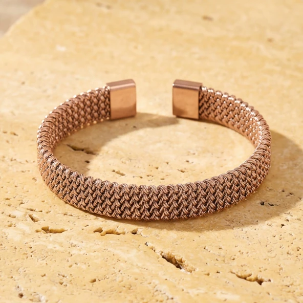 316L Çelik Rose Gold Halat Model Erkek Kelepçe Bileklik EBLK-412 ürün görseli 1