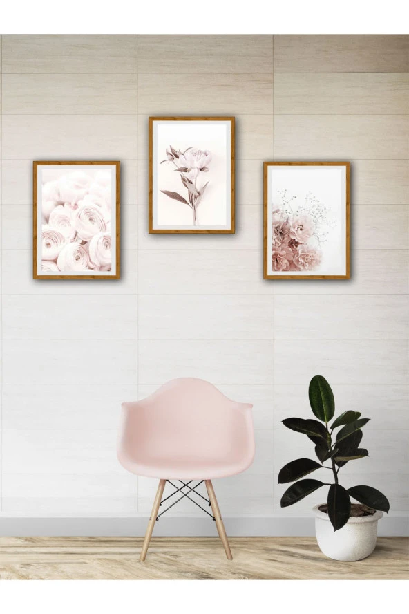 YALOVA SHOP Dekoratif Soft Pembe Çiçekler 3 lü Tablo Seti ürün görseli 1