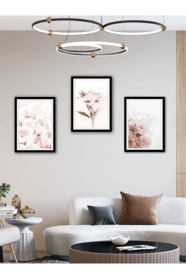 YALOVA SHOP Dekoratif Soft Pembe Çiçekler 3 lü Tablo Seti ürün görseli 1