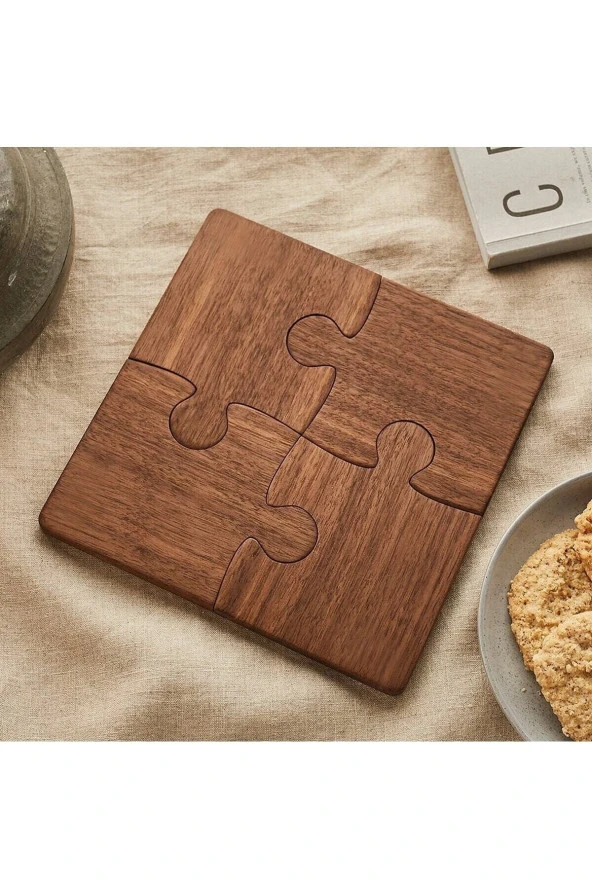 GİZEM SHOP Ahşap Desenli Puzzle Mdf Bardak Altlığı 4'lü Set 10x12 Cm ürün görseli 1