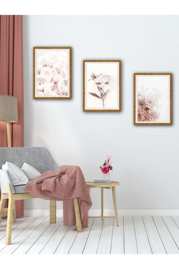 YALOVA SHOP Dekoratif Soft Pembe Çiçekler 3 lü Tablo Seti ürün görseli 1