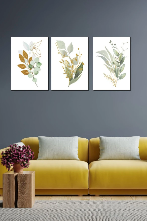 GİZEM SHOP Yeşil Çiçekler Art 3 Parça Modern Duvar Tablosu Yüksek Çözünürlük Uv Baskı Tekniği 40x30 ürün görseli 1