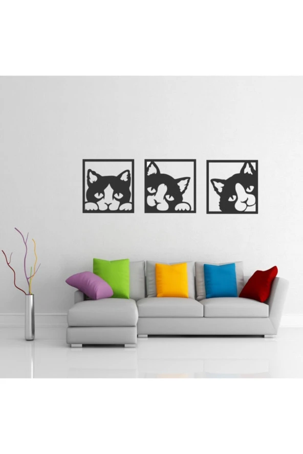 GİZEM SHOP Kedicikler Duvar Dekorusevimli Kediler Duvar Süsü, Ahşap Lazer Kesim Dekoratif Tablo Siyah 39x39 ürün görseli 1