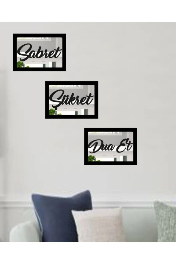 GİZEM SHOP 3d Sabret Şükret Dua Et 3'lü Set Gümüş Ayna (26x16) Gümüş ürün görseli 1