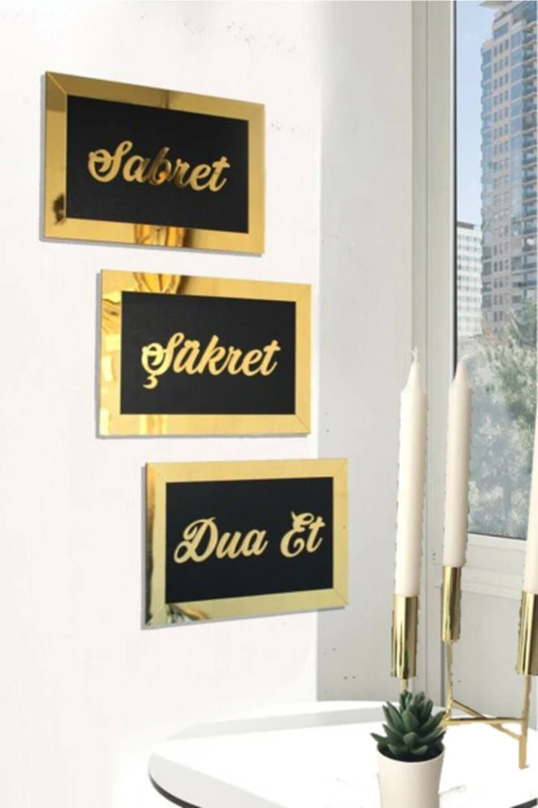 GİZEM SHOP 3d Sabret Şükret Dua Et 3'lü Set (26x16) Gold ürün görseli 1