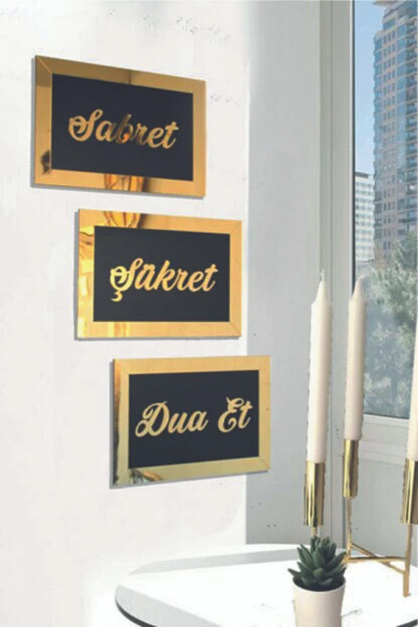 GİZEM SHOP Sabret Şükret Dua Et 3d 3'lü Set (26x16) Gold ürün görseli 1