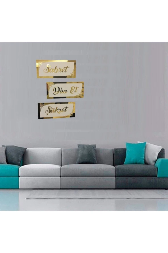GİZEM SHOP Motifli 3d Sabret Şükret Dua Et 3'lü Set (15x30) Gold ürün görseli 1