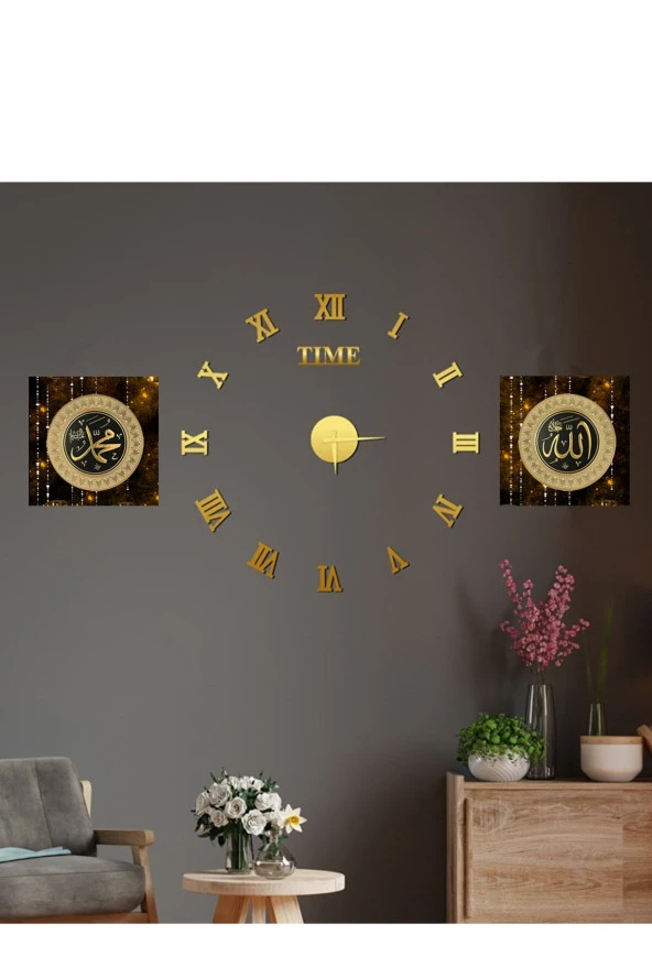 GİZEM SHOP Büyük Boy 3d Roma Gold Duvar Saati Ve Uv Tablo Set ürün görseli 1