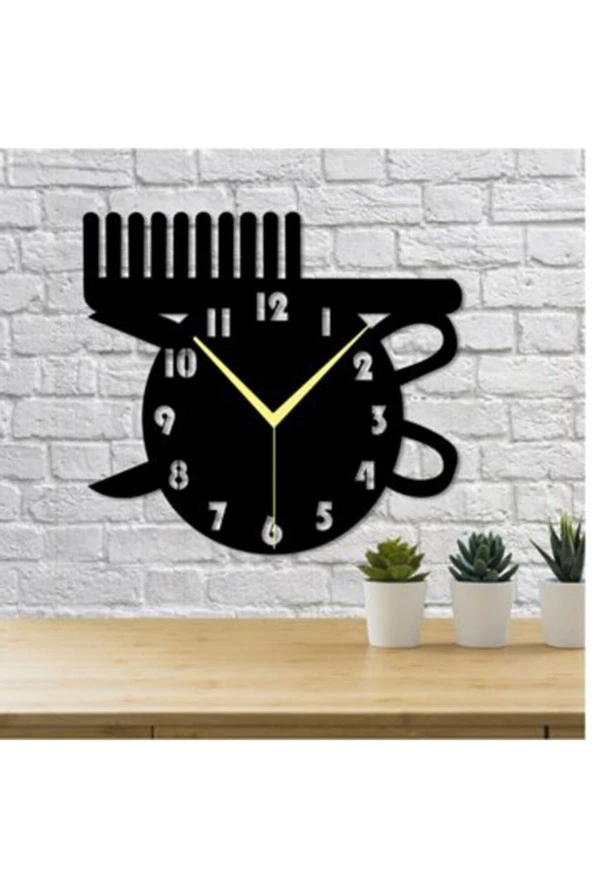 GİZEM SHOP Kuaför Tarak Temalı Dekoratif 47x42cm Duvar Saati Beyaz Üzerine Siyah ürün görseli 1