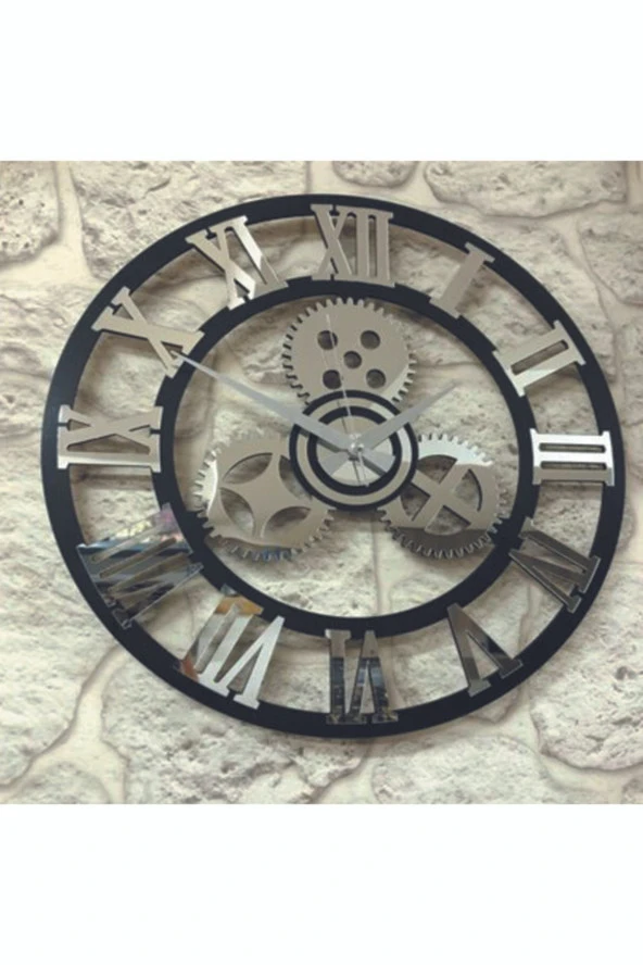 GİZEM SHOP Roma Rakamlı Pleksi Aynalı Çarklı Duvar Saati 49*49 Cm Gümüş ürün görseli 1