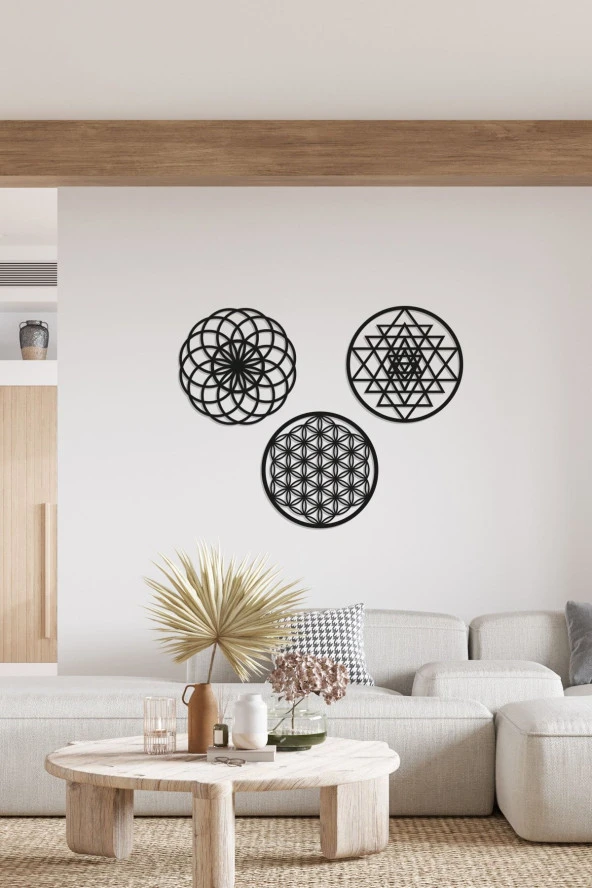HYL Sri Yantra Kutsal Geometri Ahşap Muhteşem Üçlü Set Siyah ürün görseli 1
