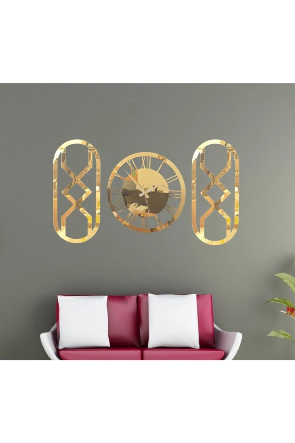 GİZEM SHOP Özel Tasarım Üçlü Set Duvar Saati Ayna Pleksi Gold Elips  lar ürün görseli 1
