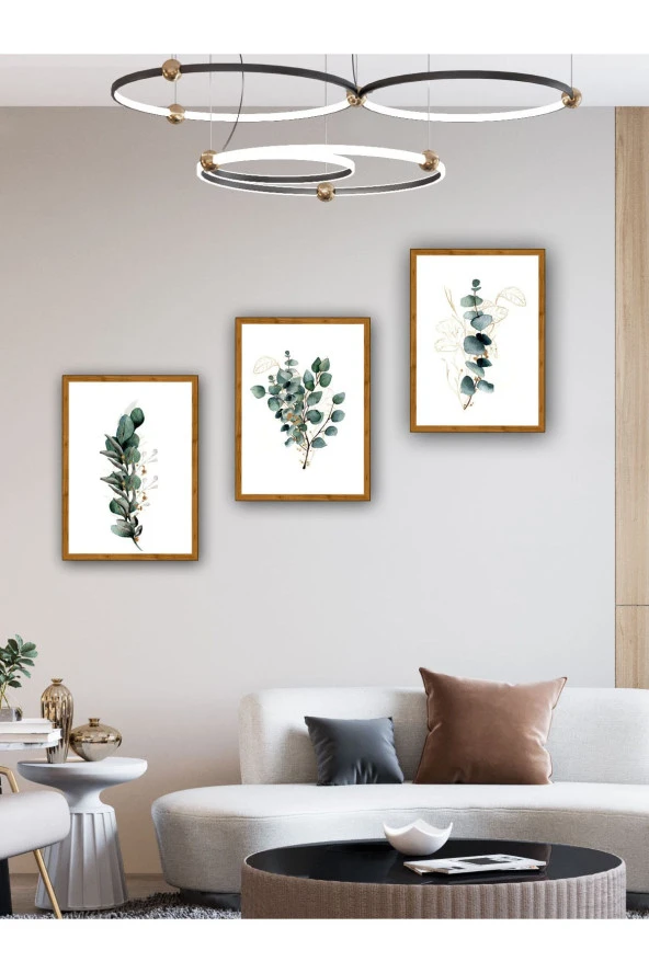 YALOVA SHOP Dekoratif Okaliptüs Dalları 3 lü Tablo Seti (Ahşap ceviz görünümlü çerçeve baskılı) 20 x 30 cm ürün görseli 1