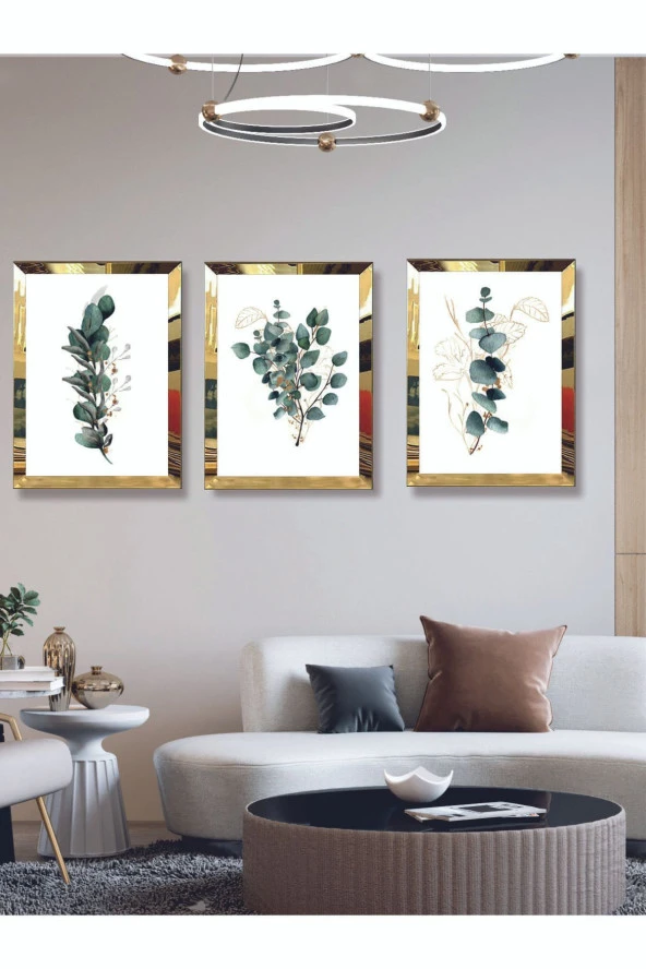 YALOVA SHOP Modern Sanatsal Dijital UV Baskı Gold Ayna Pleksi Çerçeveli 3'lü Yeşil Çiçek Tablo Seti ürün görseli 1