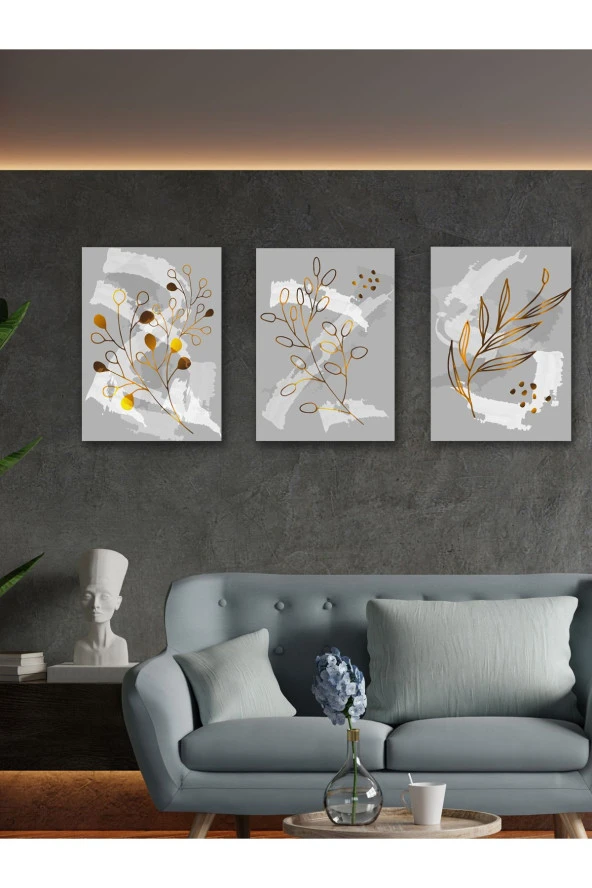 YALOVA SHOP Fırça İzlerine Minimalist Gold Bitki Dokunuşları Dekoratif 3 lü Tablo Seti ürün görseli 1