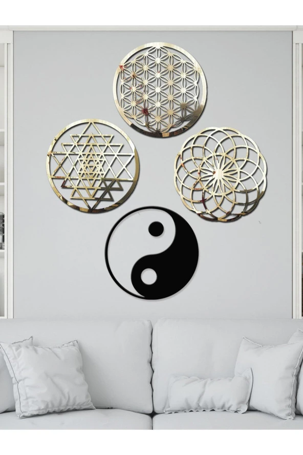 GİZEM SHOP Yaşam Çiçeği,sriyantra,torus Ve Ying Yang 4'lü Set Kutsal Geometrik Şekiller 49x49cm ürün görseli 1