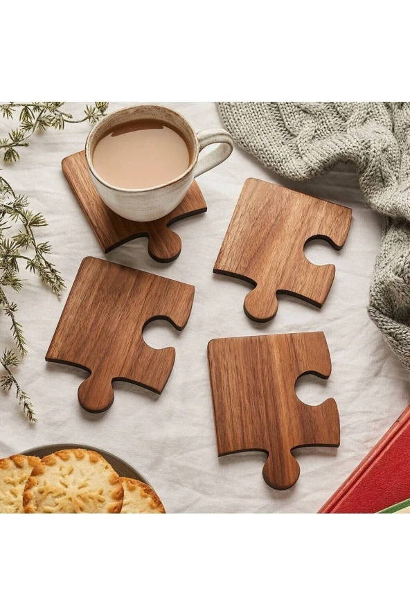 GİZEM SHOP Ahşap Desenli Puzzle Mdf Bardak Altlığı 4'lü Set 10x12 Cm ürün görseli 1
