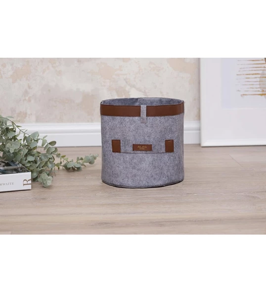 Deri Şeritli Yuvarlak Çok Amaçlı Düzenleyici Sepet Organizer Kutu 20x20 cm ürün görseli 1