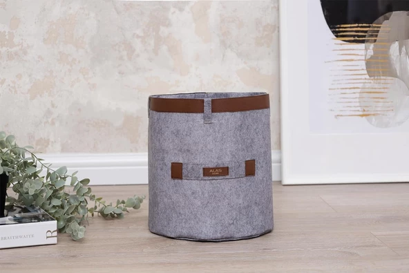 Deri Şeritli Yuvarlak Çok Amaçlı Düzenleyici Sepet Organizer Kutu 25x23 cm ürün görseli 1