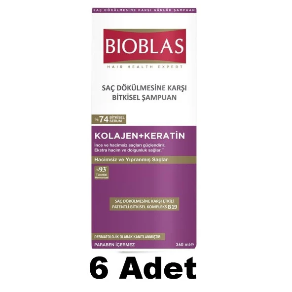 Bioblas Kolajen + Keratin Saç Dökülmesine Karşı Şampuan 360 ml 6 Adet ürün görseli 1