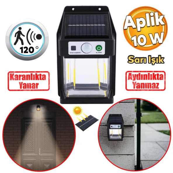 Güneş Enerjili Dış Aydınlatma Yeni Nesil Ampül Sensörlü Sarı Işıklı Aplik 10 W Portatif Fener Lamba ürün görseli 1